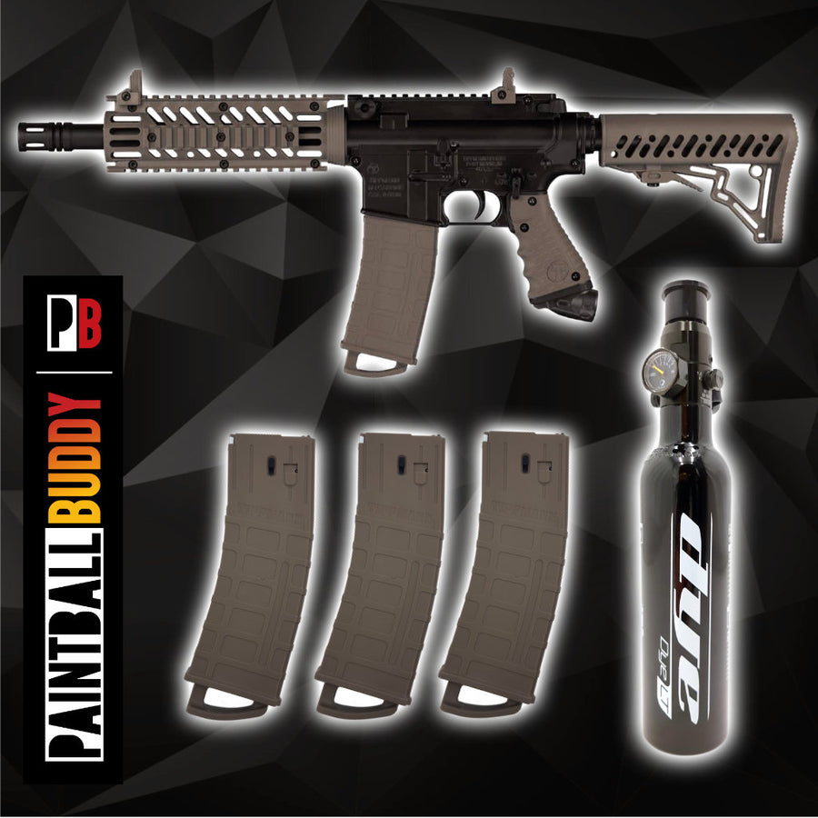 Tippmann TMC MegFed Paintball Markierer cal.68 Sparpaket inkl. Airstock, 0,2l HP System, 4xMagazinen - Schwarz, Tan
