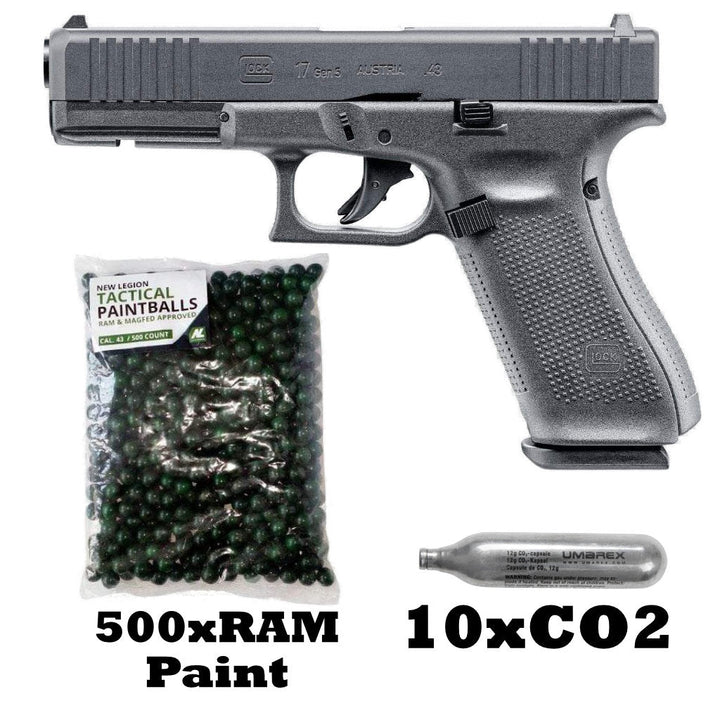 Glock 17 Gen.5 T4E Markierer Sparpaket inkl. 10x Co2 und 500 New Legion Paintballs - Paintball Buddy