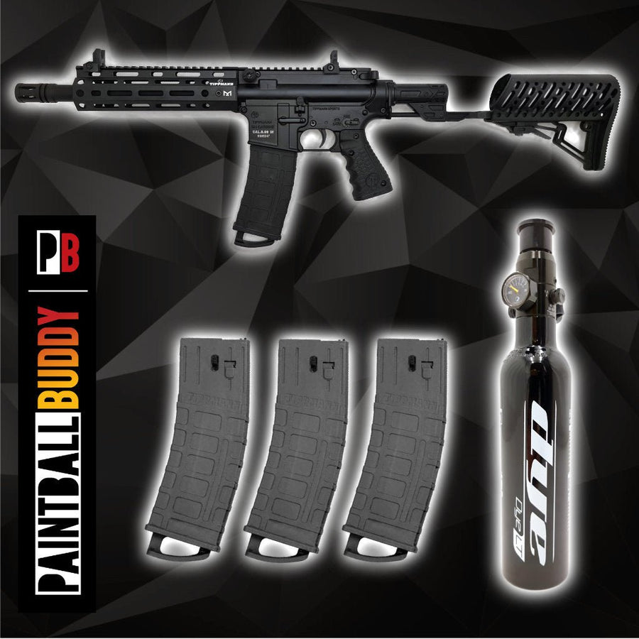 Tippmann TMC Elite MagFed Paintball Markierer cal.68 Sparpaket inkl. Airstock, 0,2l HP System 200bar, 4xMagazinen - Schwarz - Paintball Buddy
