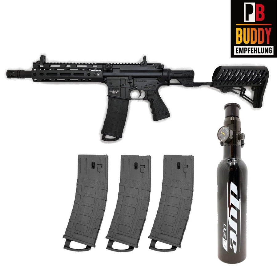 Tippmann TMC Elite MagFed Paintball Markierer cal.68 Sparpaket inkl. Airstock, 0,2l HP System 200bar, 4xMagazinen - Schwarz - Paintball Buddy